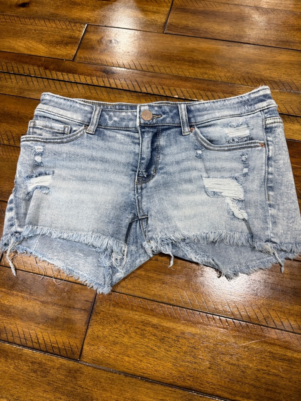 Buckle Distressed Light Blue Denim Cutoff Shorts - Women's
